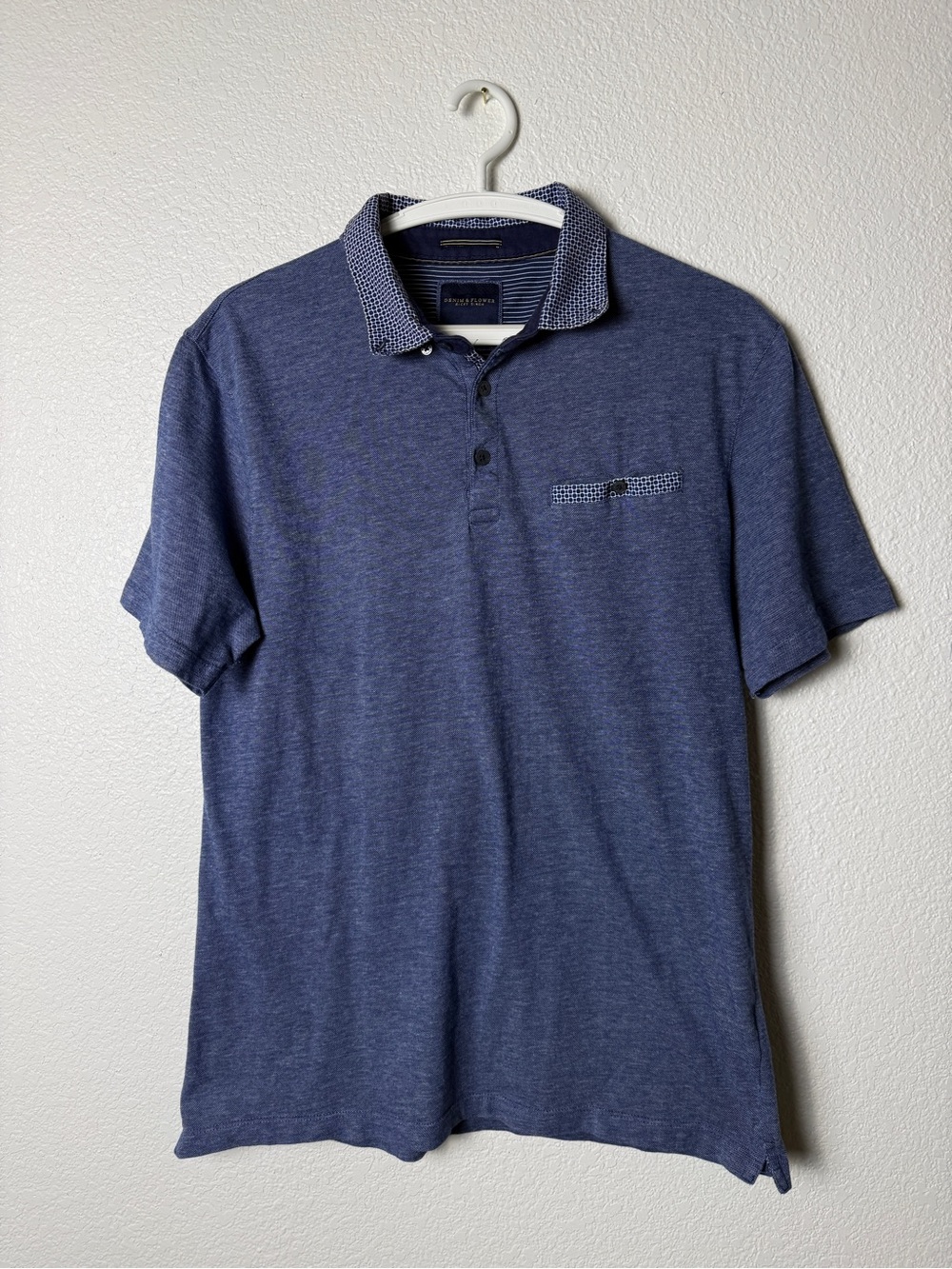 Denim & Flower Heathered Blue Polo with Patterned Collar size L